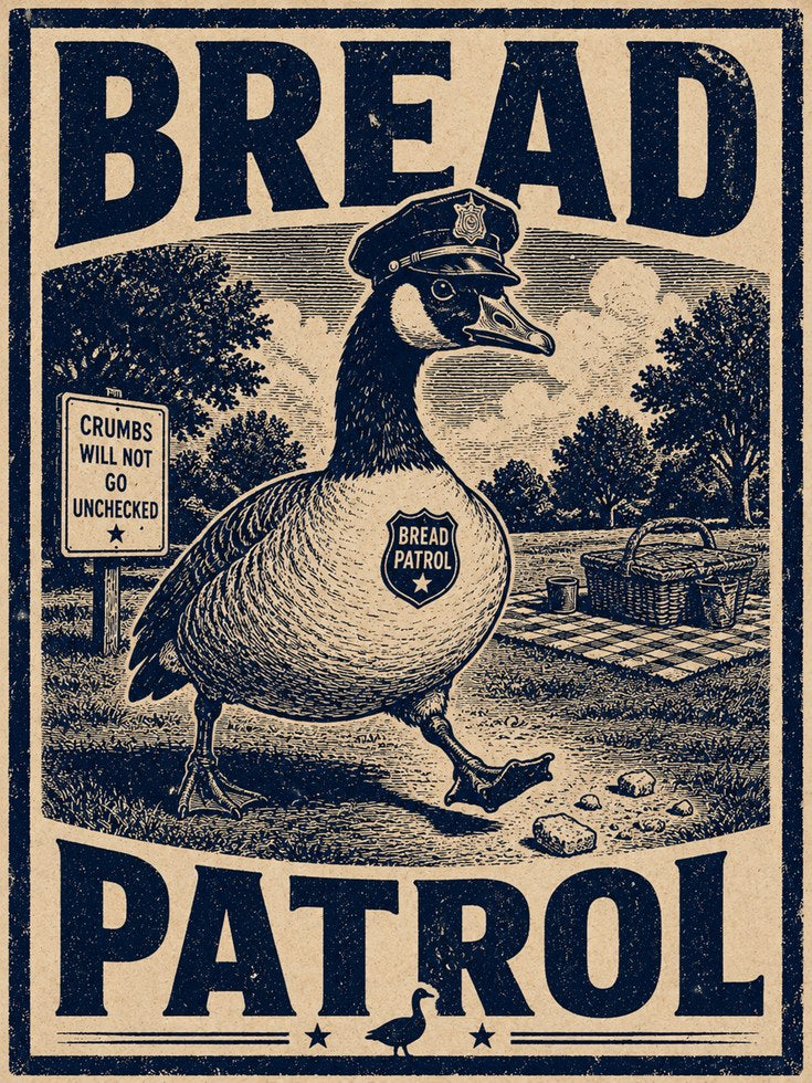 Bread Patrol Duck Poster: Vintage Woodcut Style Art Print - artwork on paper