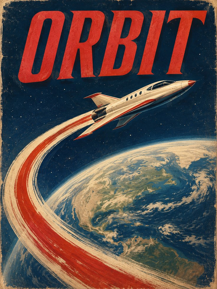 Orbit Space Rocket Poster: Vintage Retro Sci-Fi Wall Art - artwork on paper