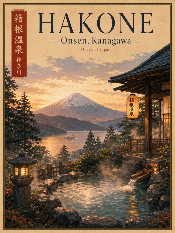 Hakone Travel Print: Vintage Japanese Onsen & Mount Fuji (Wall Art) - artwork on paper