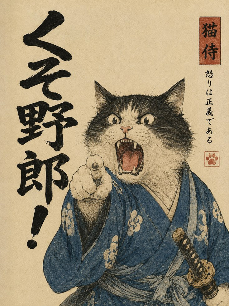 Japanese Samurai Cat Poster: Ukiyo-e Style Warrior Art Print - artwork on paper