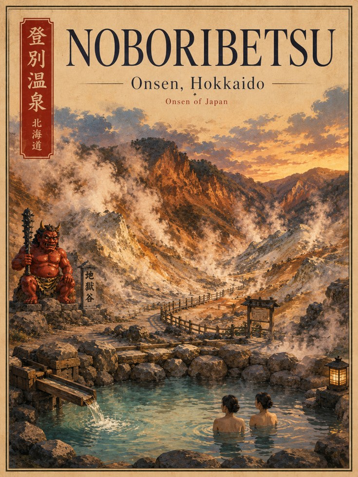 Noboribetsu Hot Spring Poster: Japanese Onsen Landscape Art - artwork on paper
