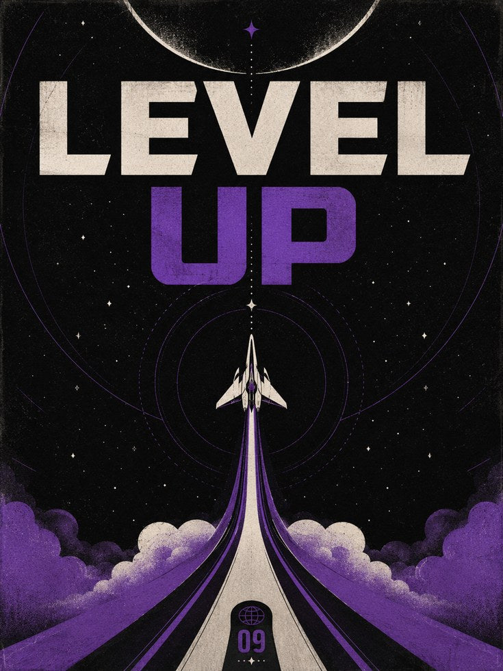 Level Up Retro Game Poster: Space Arcade Art in Purple & Black - artwork on paper