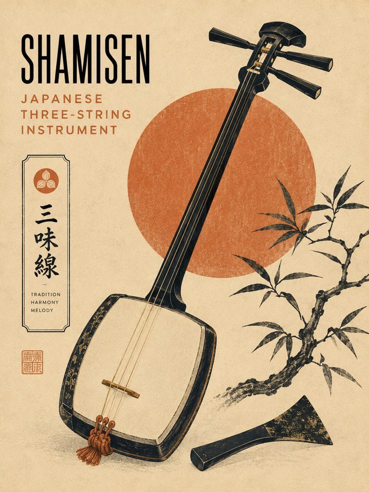 Japanese Instrument Poster – Shamisen Wall Art - artwork on paper