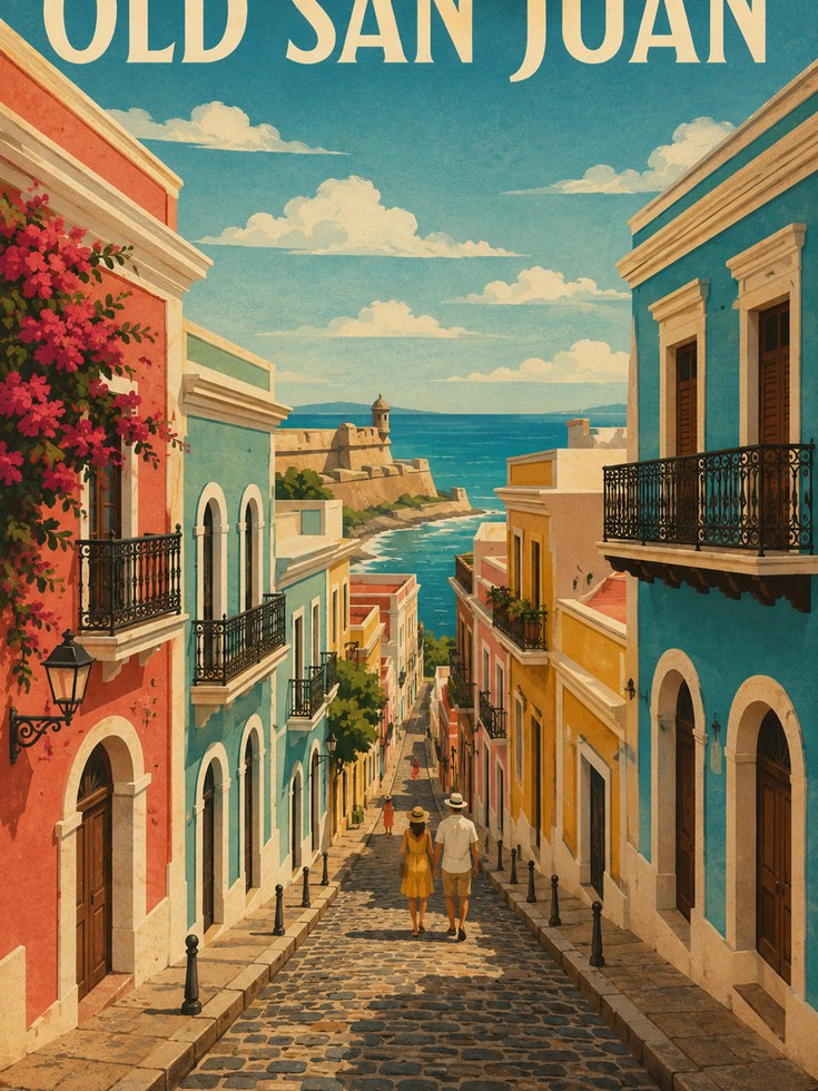 Old San Juan Travel Poster: Vintage Caribbean Street Art Print - artwork on paper