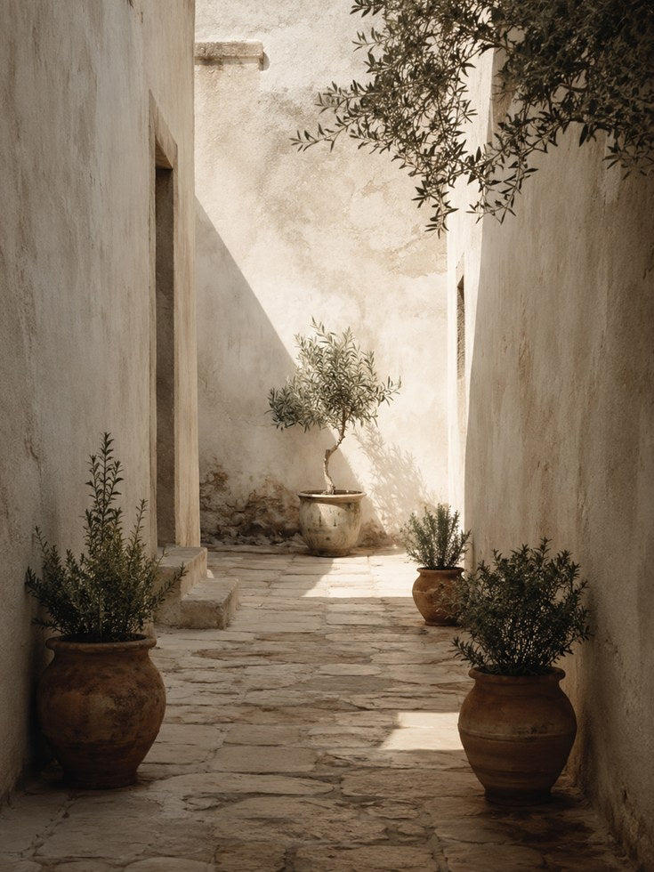 Mediterranean Courtyard Wall Art: Rustic Terracotta Pots - artwork on paper
