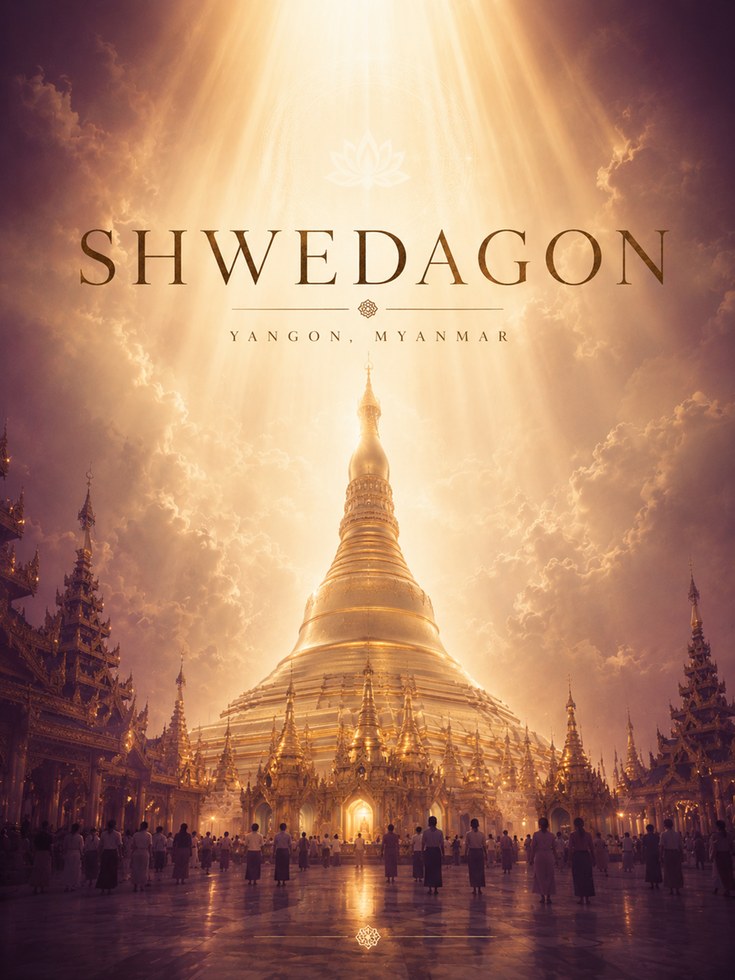 Myanmar Travel Poster – Shwedagon Pagoda Print - artwork on paper