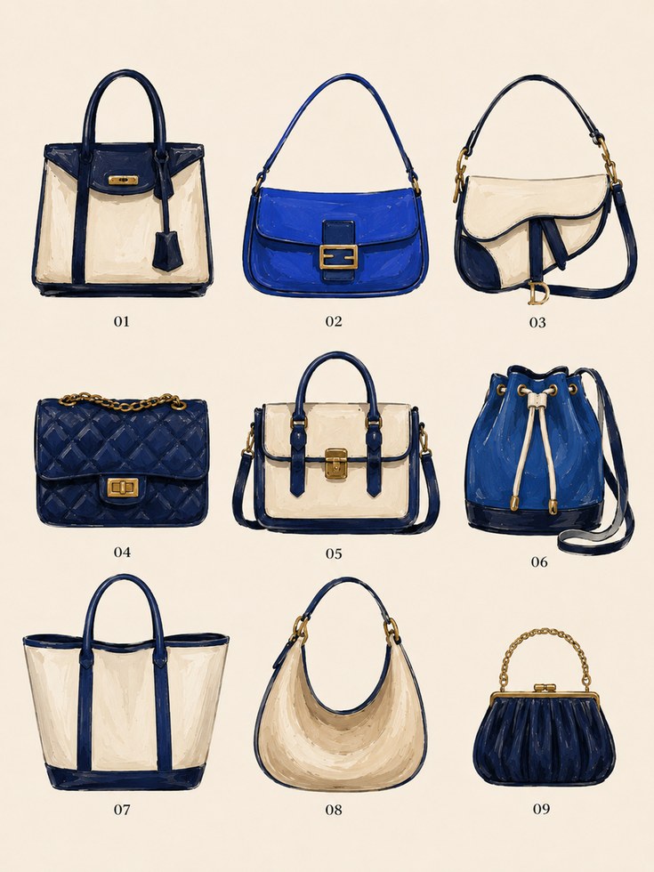 Designer Handbag Collection Print: Navy Blue Fashion Illustration - artwork on paper