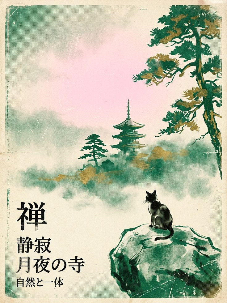 Zen Cat Temple Print – Japanese Watercolor Pagoda Landscape Asian - artwork on paper