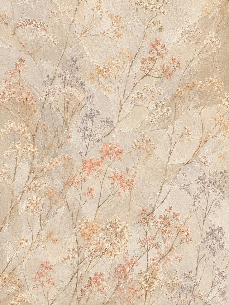 Delicate Wildflower Branches Wall Art: Soft Beige Botanical Print - artwork on paper