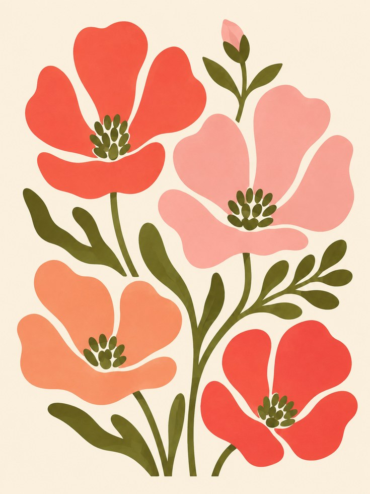 Poppy Flower Wall Art – Retro Floral Print - artwork on paper