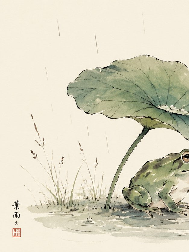 Frog Under Lotus Leaf in Rain: Japanese Watercolor Art Print - artwork on paper