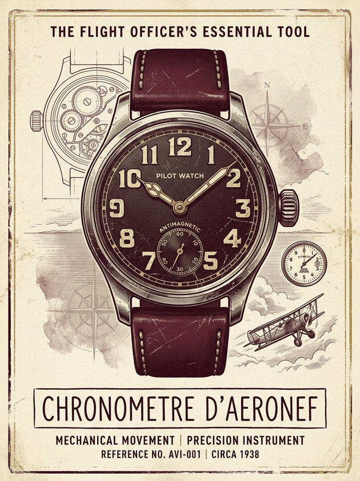 Vintage Pilot Watch Poster: Art Deco Aviation Instrument Print - artwork on paper