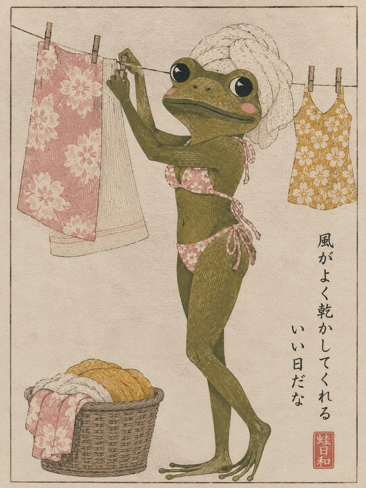 Japanese Frog Laundry Art - artwork on paper