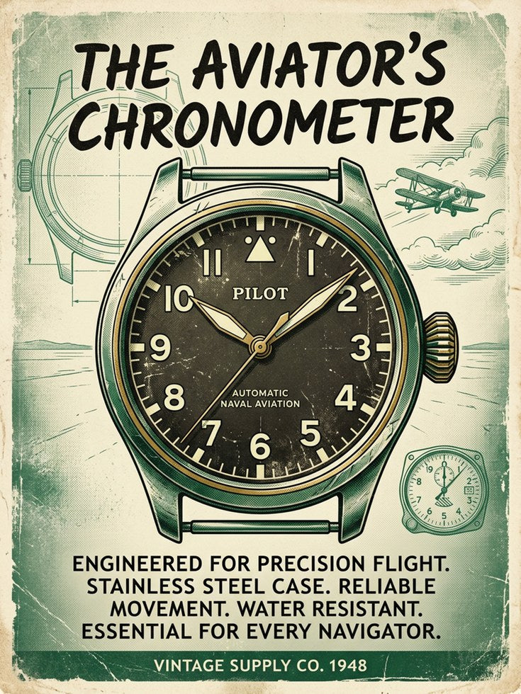 Vintage Aviator Chronometer Poster: Retro Aviation Watch Art Print - artwork on paper