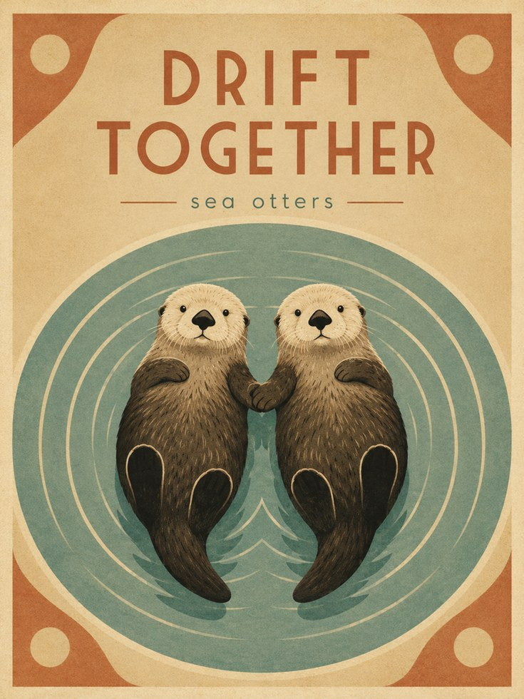 Drift Together Sea Otters Print: Vintage Style Wildlife Art - artwork on paper