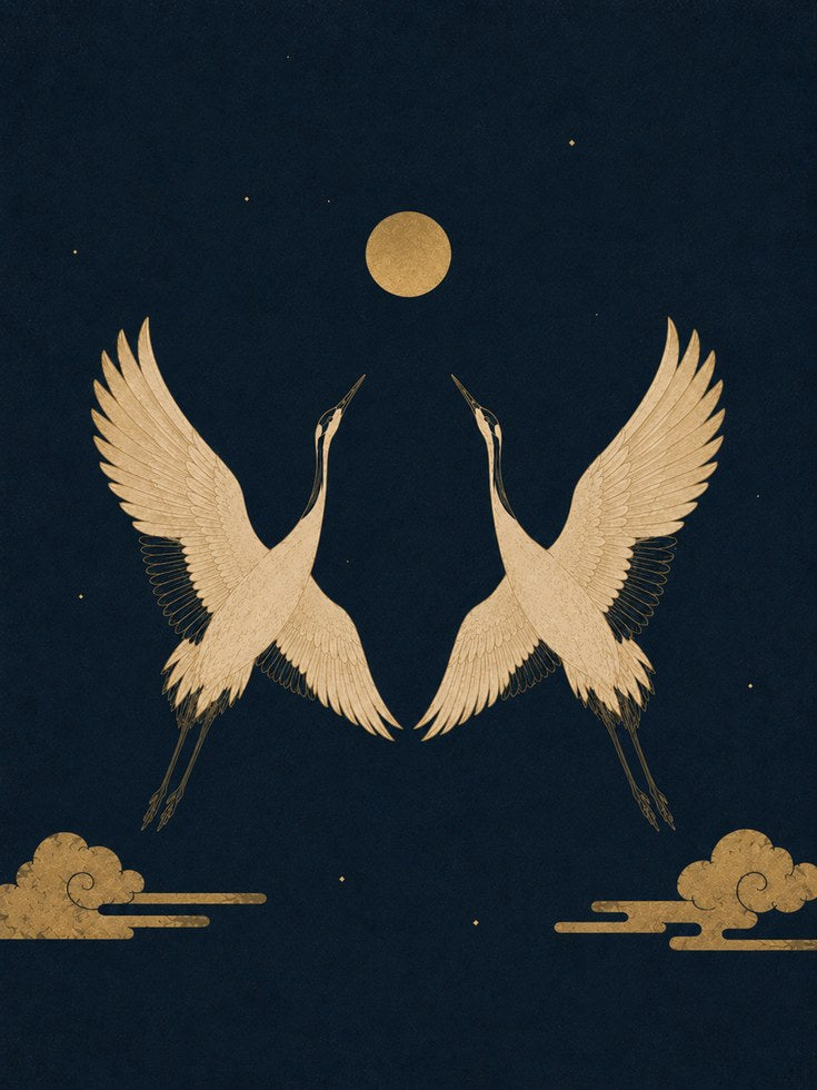 Golden Cranes Art Print: Japanese Style Birds with Moon - artwork on paper