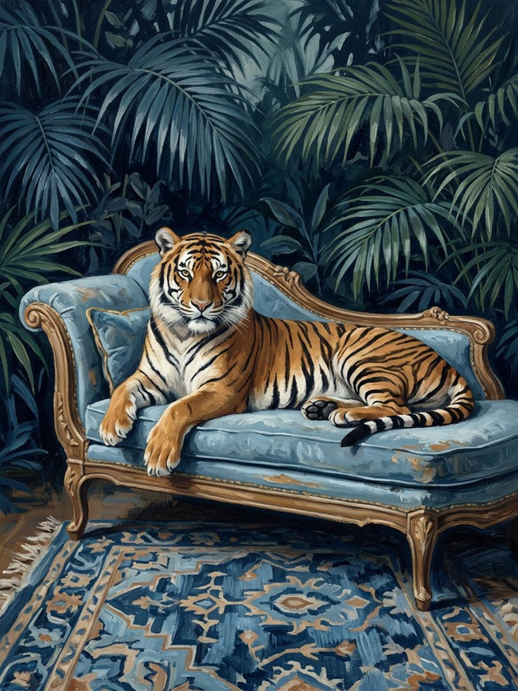 Tiger on Victorian Sofa Print – Jungle Maximalist - artwork on paper