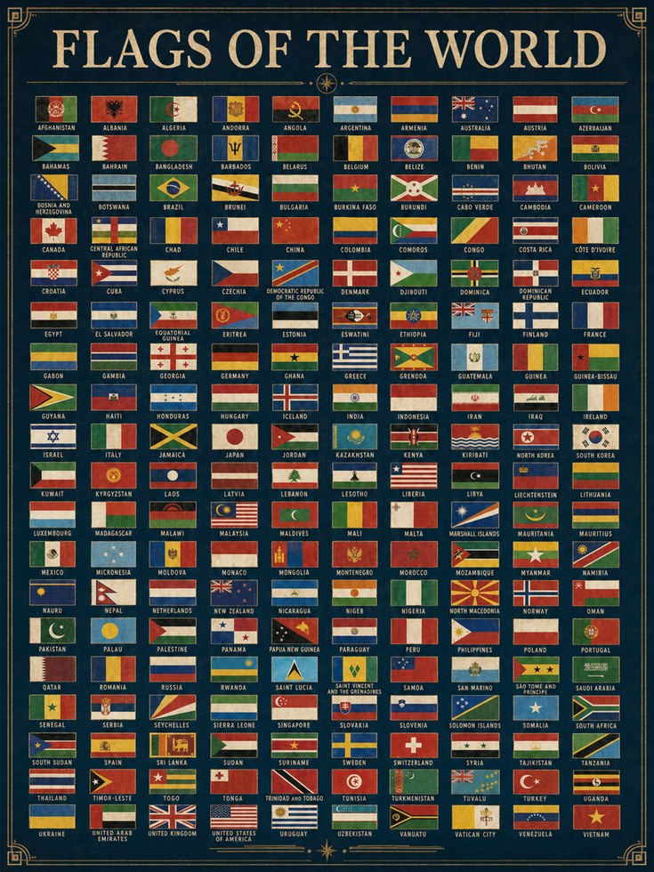 Flags of the World Chart: Vintage Educational Reference Poster - artwork on paper