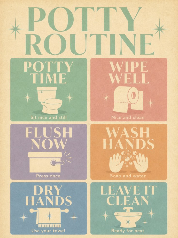 Potty Routine Chart Print: Retro Kids Bathroom Art - artwork on paper