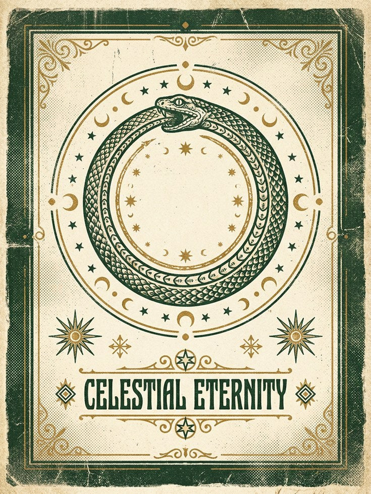 Celestial Ouroboros Print — Mystical Snake & Moon Phases - artwork on paper