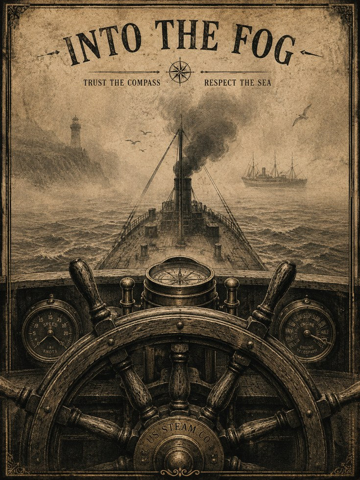 Into The Fog Nautical Print: Vintage Steamship Maritime Wall Art - artwork on paper