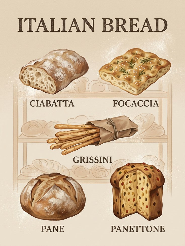 Italian Bread Varieties Poster: Vintage Kitchen Art Print - artwork on paper