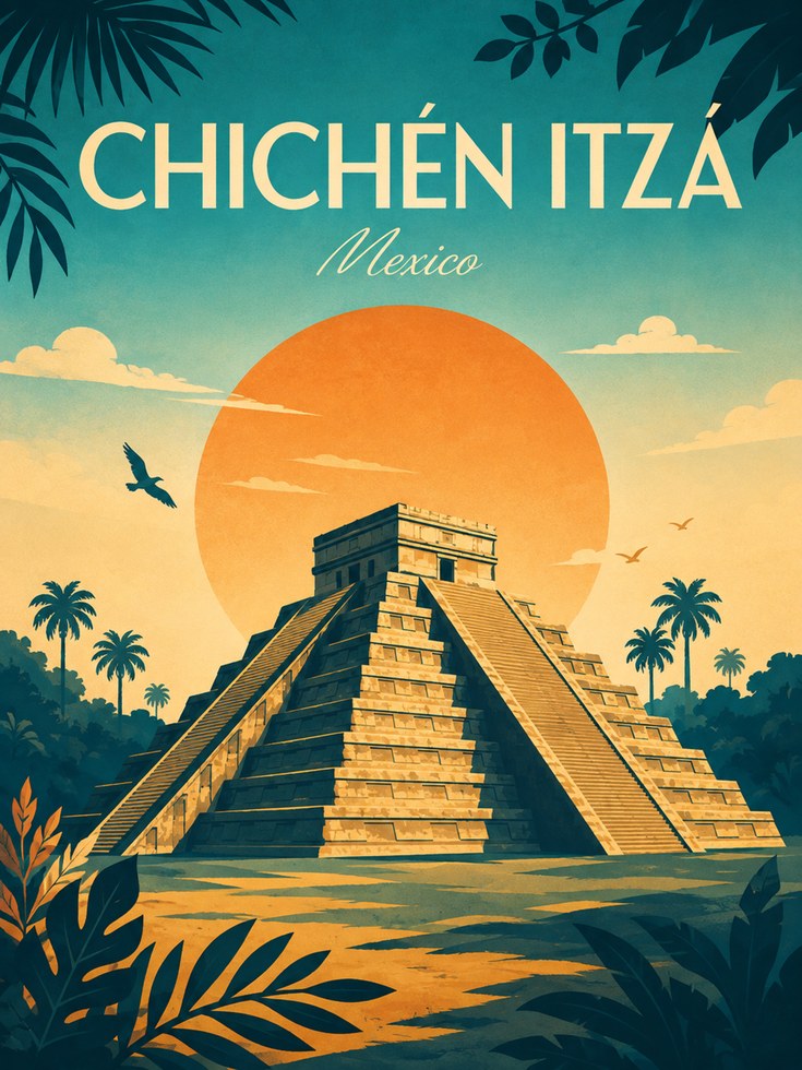 Mexico Travel Poster – Chichen Itza Print - artwork on paper