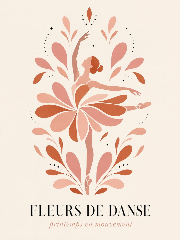 Fleurs De Danse Art Print: Art Deco Dancer in Terracotta Blooms - artwork on paper