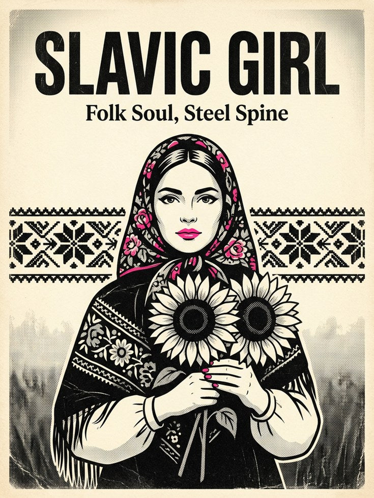 Slavic Folk Art Print: Woman with Sunflowers and Traditional Pattern - artwork on paper