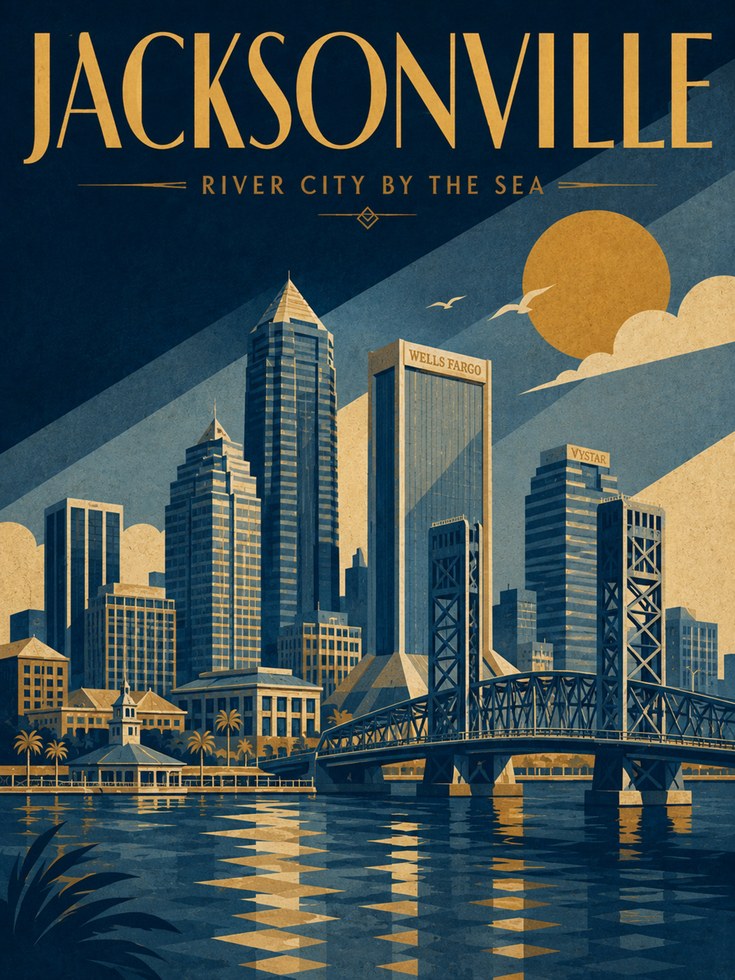 Jacksonville Skyline Poster: Art Deco Travel Print in Blue and Gold - artwork on paper