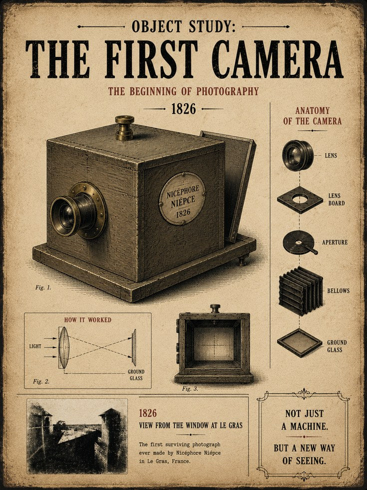 Vintage Camera Diagram Art Print: 1826 Photography History Poster - artwork on paper
