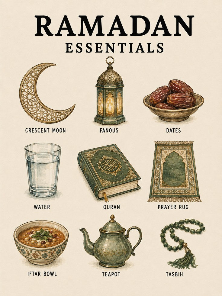 Ramadan Essentials Print: Islamic Wall Art with Vintage Style - artwork on paper
