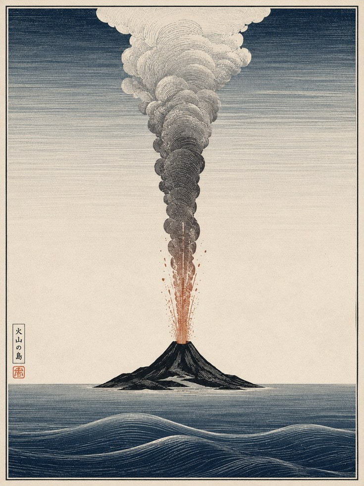 Japanese Volcano Print — Ukiyo-e Inspired Eruption - artwork on paper