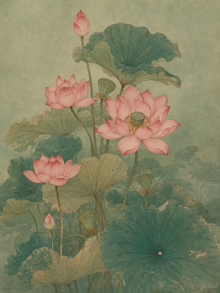 Lotus Flower Botanical Print — Vintage Asian Watercolor - artwork on paper