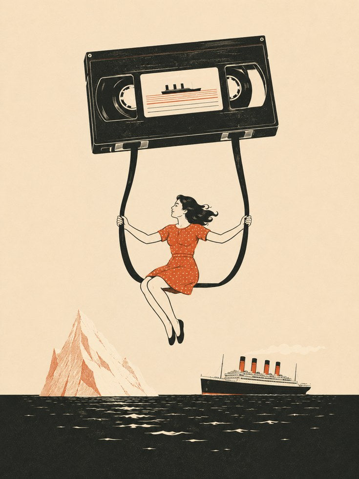 Retro Cassette Tape Print: Whimsical Woman Swinging - artwork on paper