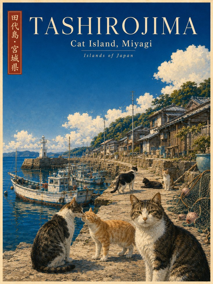 Japanese Cat Island Print: Tashirojima Vintage Travel Poster - artwork on paper