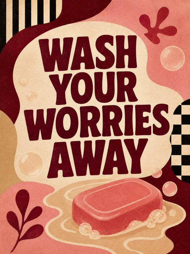 Wash Your Worries Away Art Print: Retro Bathroom Typography - artwork on paper