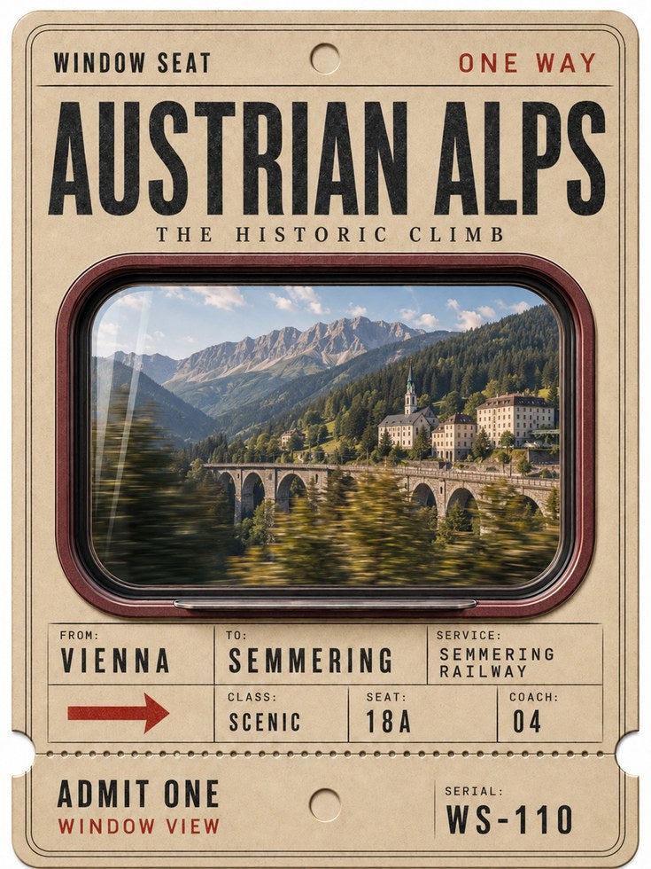 Vintage Train Ticket Poster – Austrian Alps Print - artwork on paper