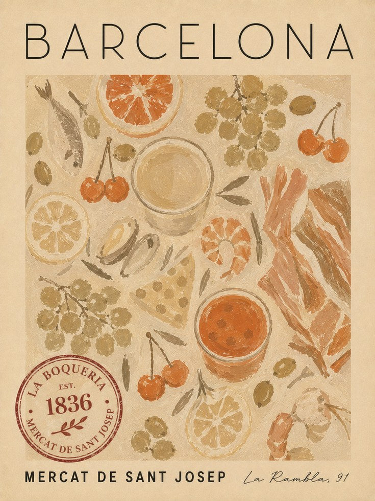 Barcelona Food Poster – Spanish Market Print - artwork on paper