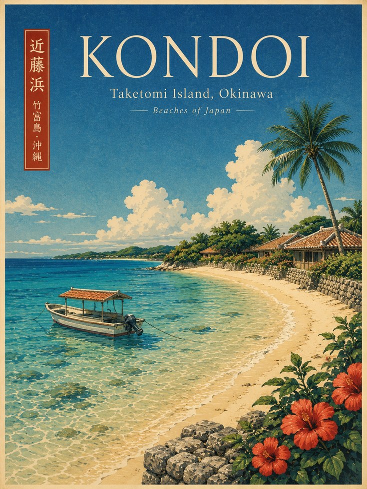 Kondoi Beach Okinawa Poster: Vintage Japanese Travel Art Print - artwork on paper