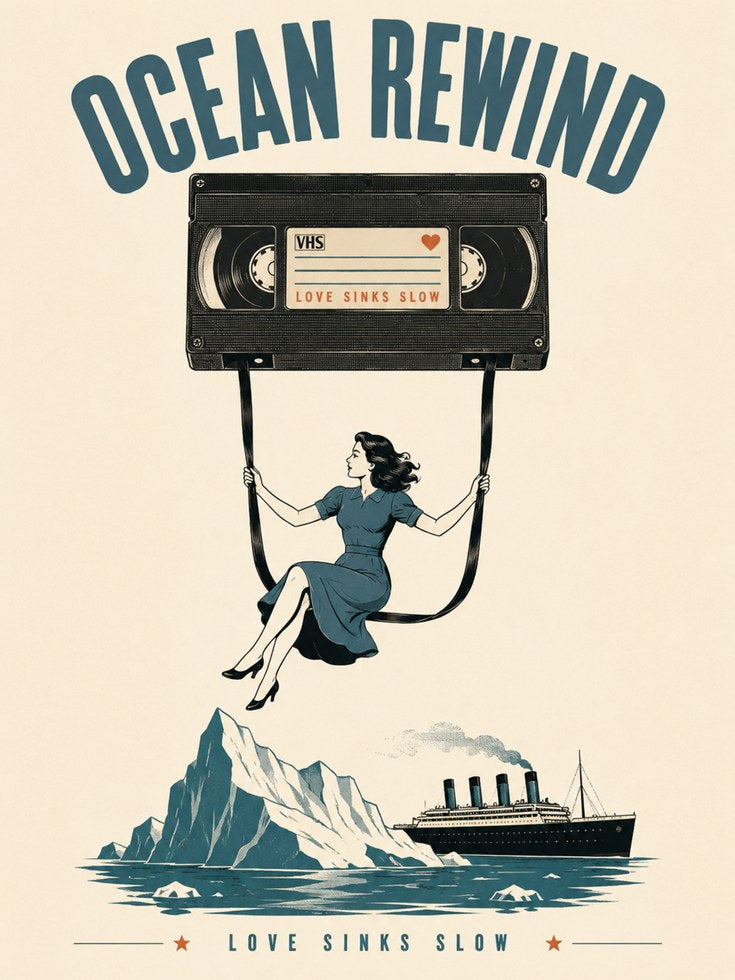 Ocean Rewind Retro Cassette Art Print: Vintage Nostalgia Design - artwork on paper