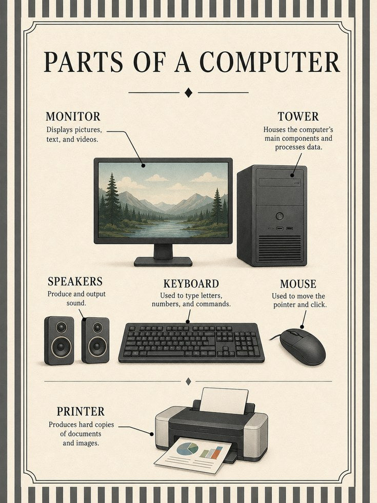 Parts of a Computer: Vintage Educational Diagram Poster - artwork on paper