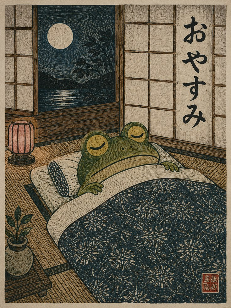 Japanese Frog Bedroom Art – Moonlight Room Print - artwork on paper