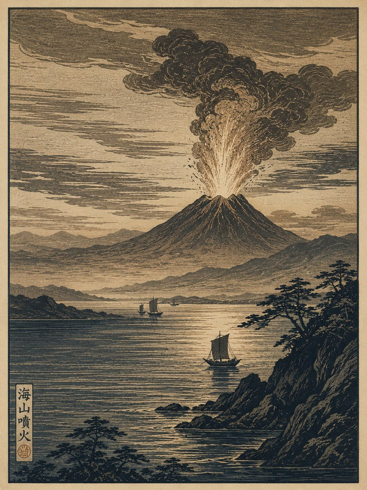 Japanese Volcano Print — Vintage Ukiyo-e Style Eruption - artwork on paper
