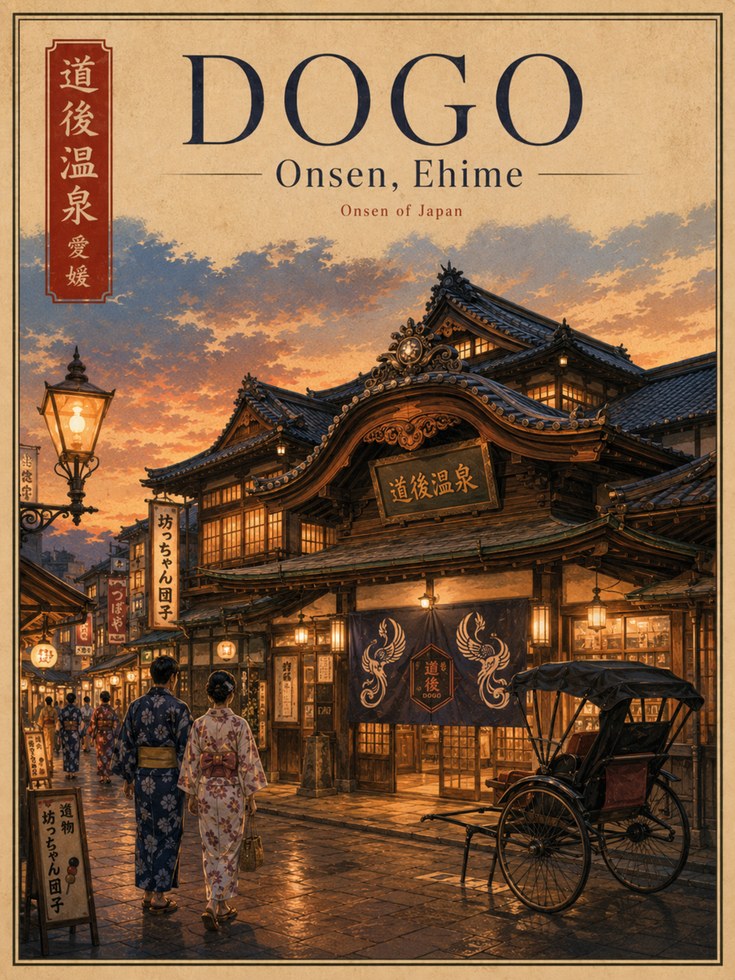 Dogo Onsen Print: Retro Japanese Hot Spring - artwork on paper