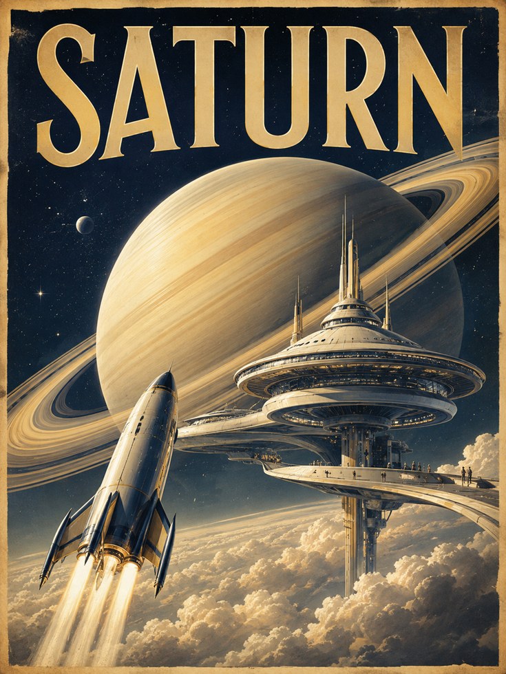 Retro Space Poster – Saturn Travel Print - artwork on paper