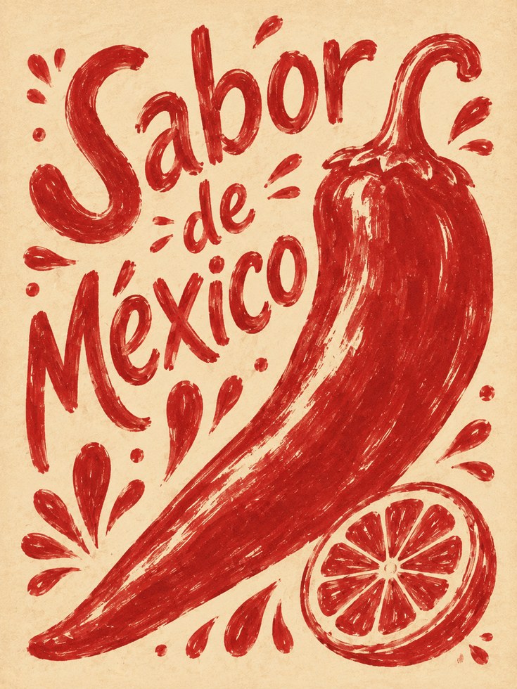 Sabor de Mexico Poster: Red Chili Pepper Folk Art Print - artwork on paper