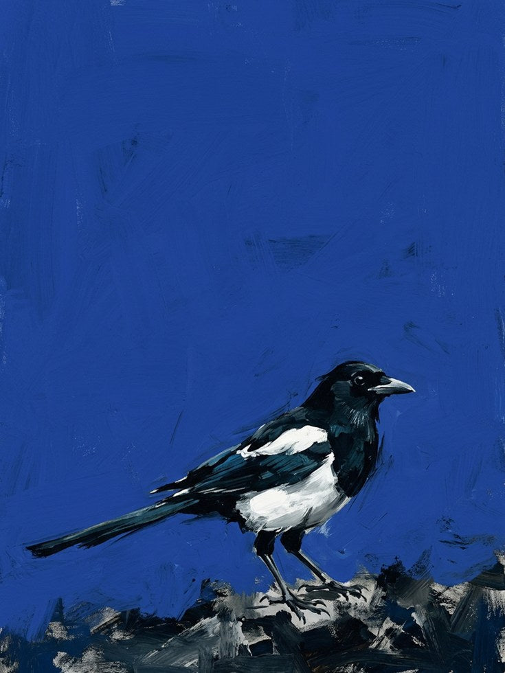 Magpie Bird Art Print – Bold Blue Background - artwork on paper