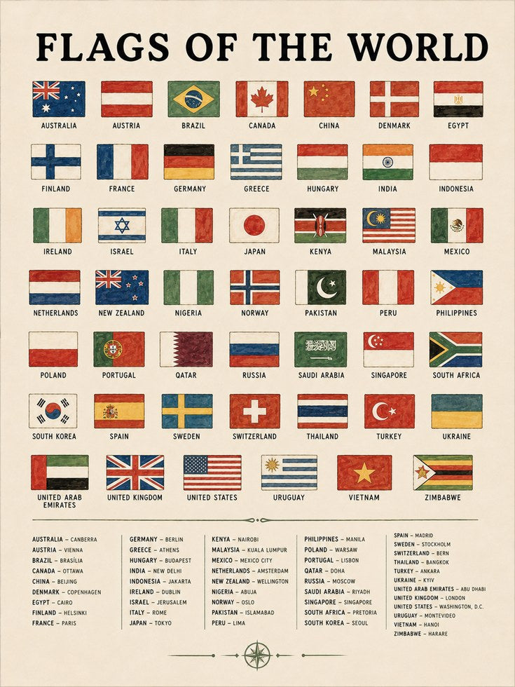 Flags Of The World Educational Poster: Vintage Reference Chart - artwork on paper