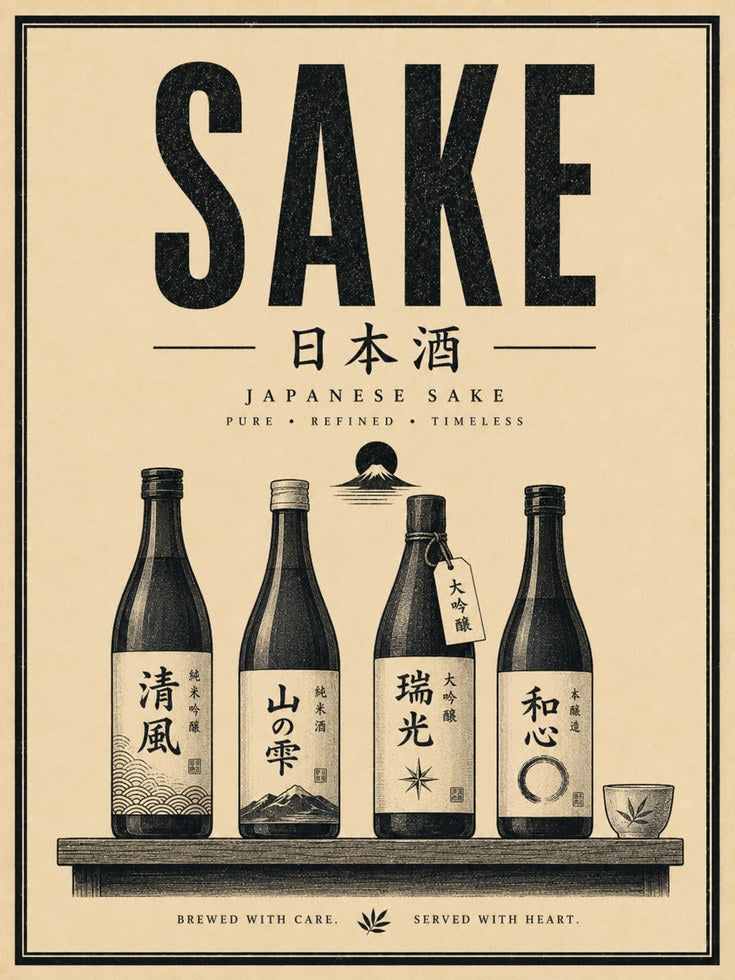 Japanese Sake Bottles Print: Vintage Typography Poster - artwork on paper
